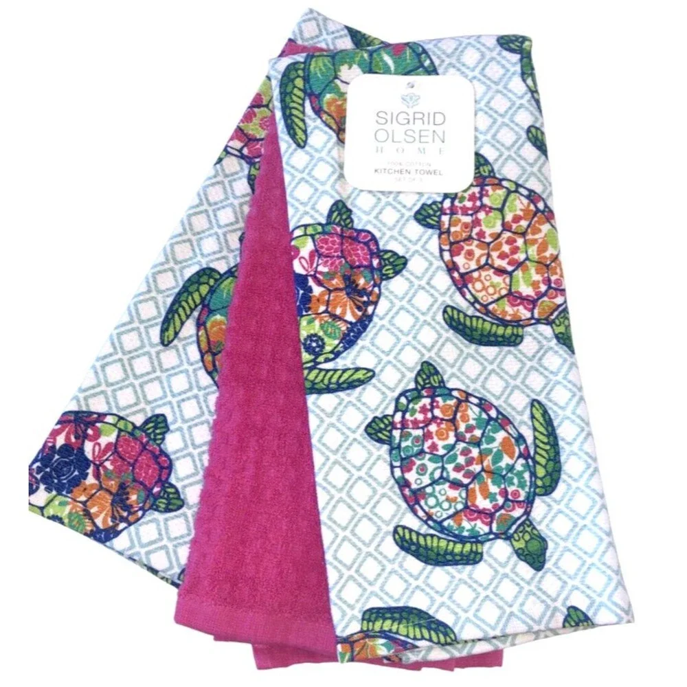 Sigrid Olsen Kitchen Dish Towels Sea Turtles Summer Beach House Home Set of 3